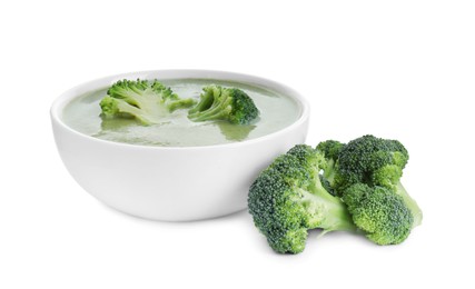 Delicious broccoli cream soup in bowl isolated on white