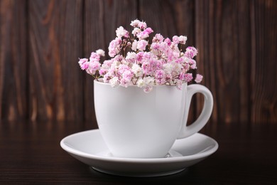 Beautiful dyed gypsophila flowers in white cup on wooden table