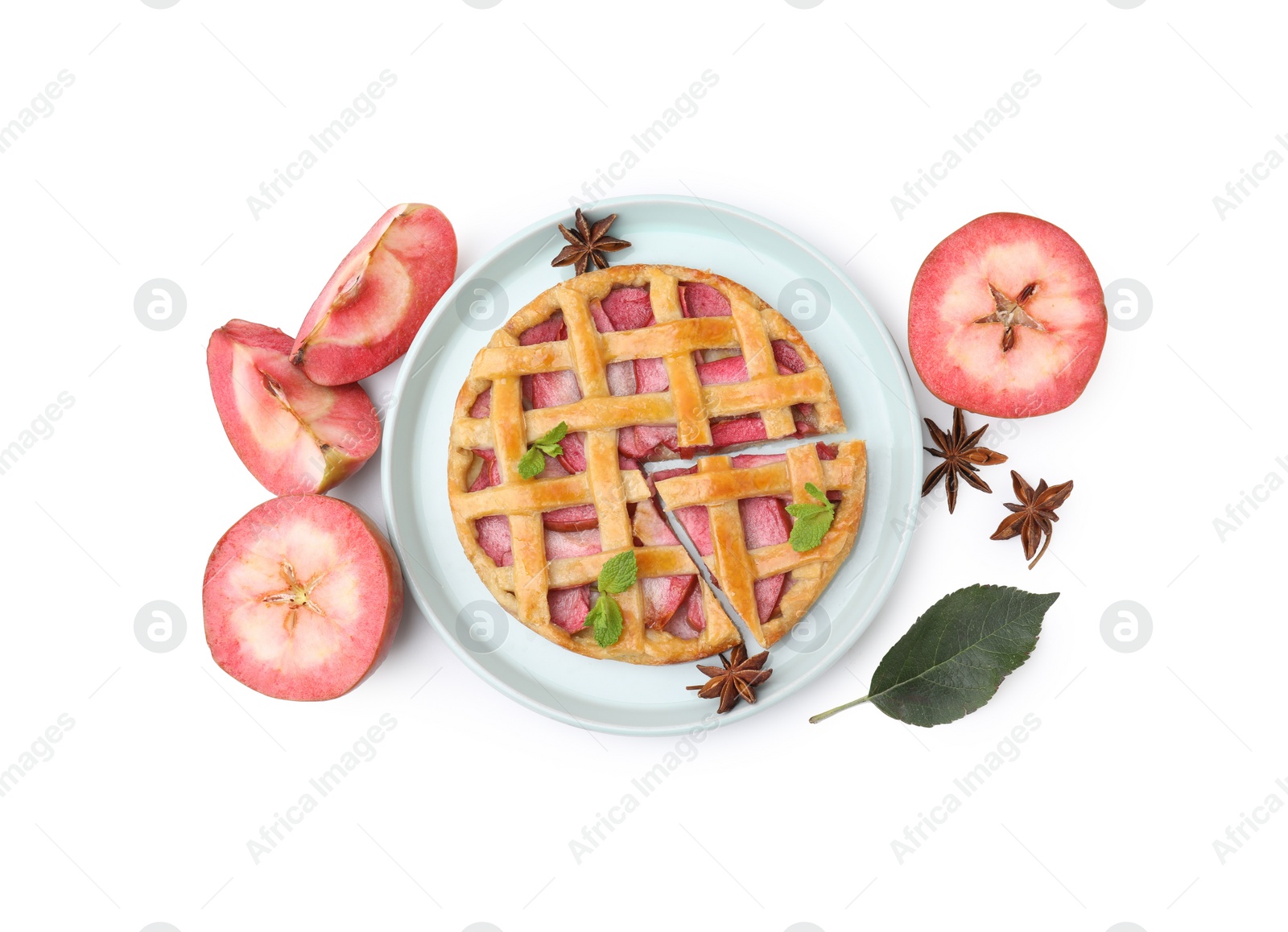 Photo of Delicious apple pie with mint and ingredients isolated on white, top view