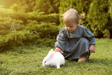 Photo of Cute little girl with adorable rabbit on green grass outdoors. Space for text