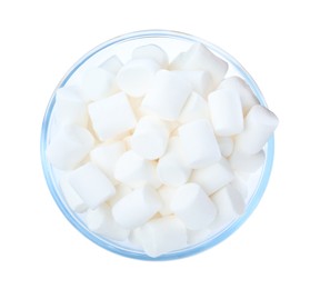 Photo of Delicious puffy marshmallows in glass bowl on white background, top view