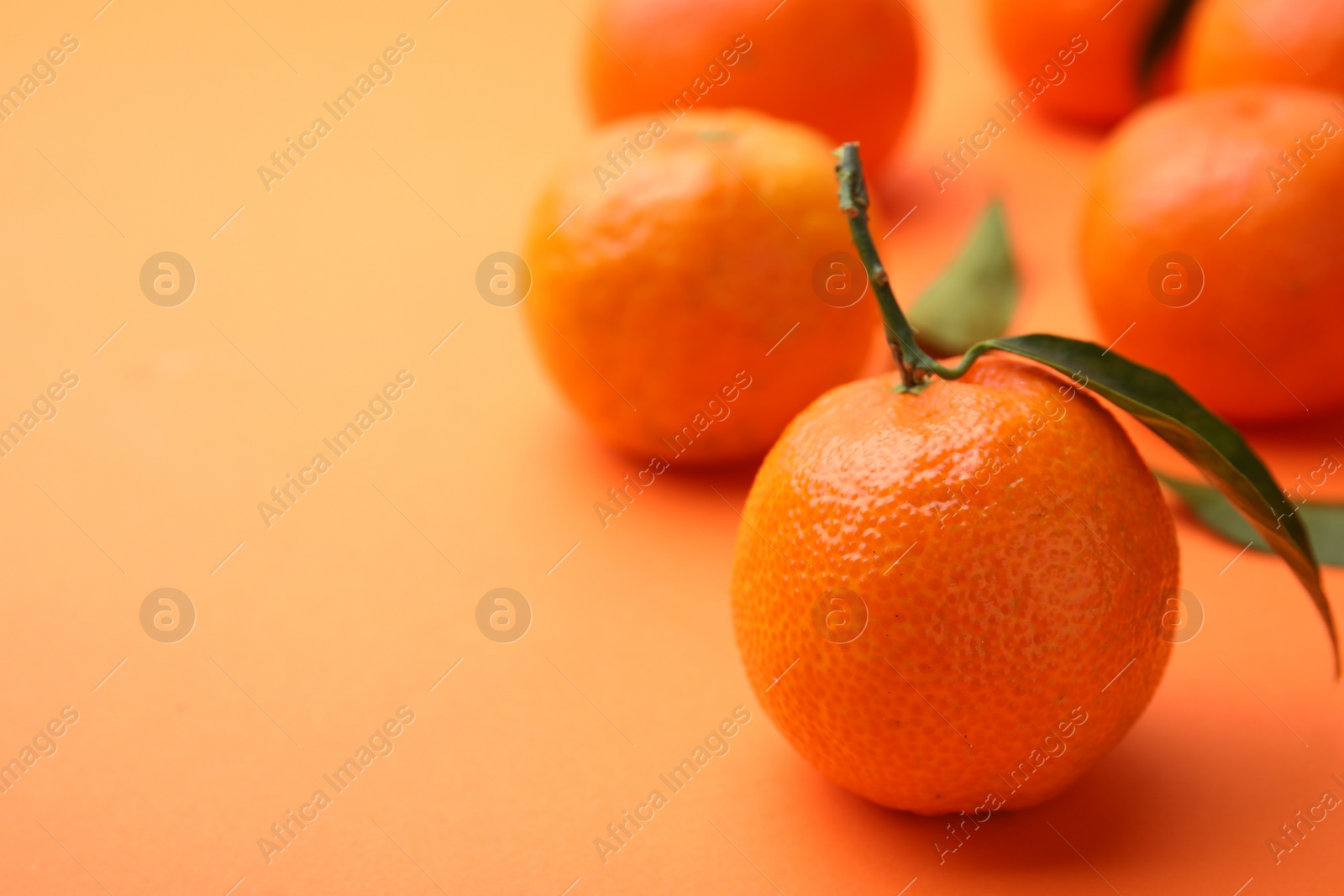 Photo of Fresh ripe tangerines with leaves on orange background, closeup. Space for text