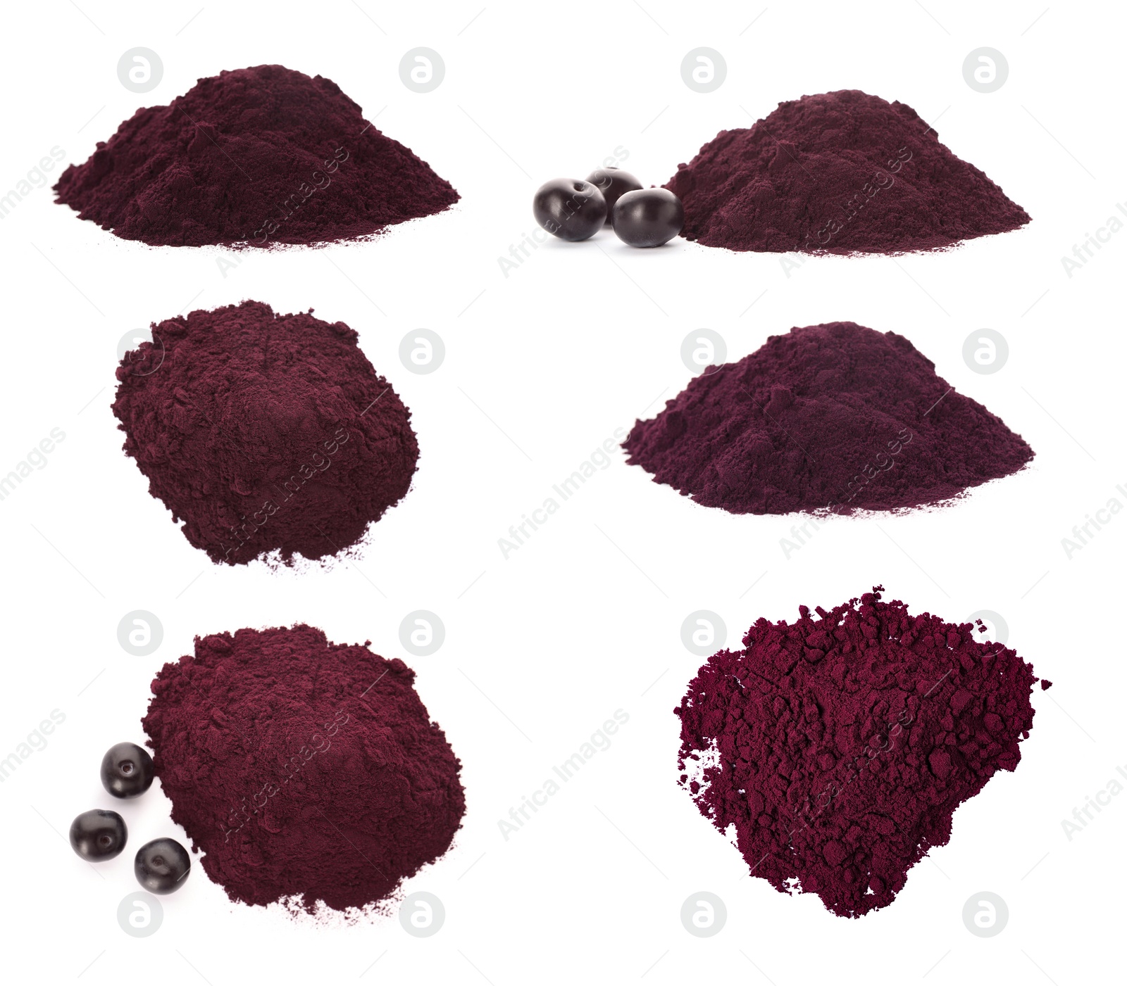 Image of Collage with acai powder on white background