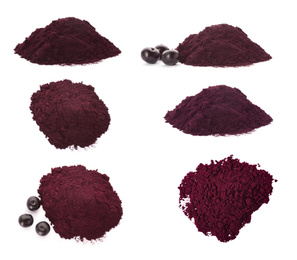 Image of Collage with acai powder on white background