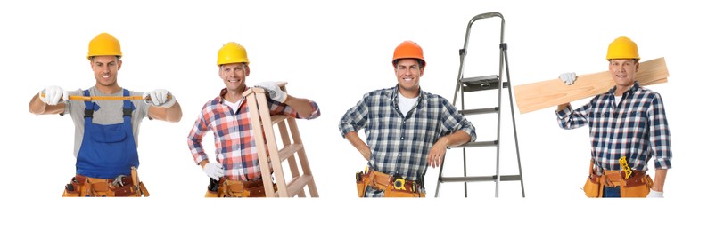 Image of Collage with photos of carpenters on white background. Banner design