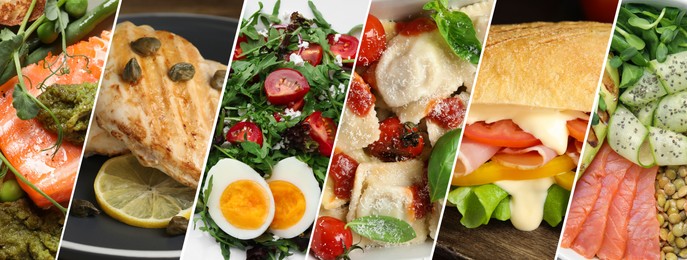 Image of Assortment of tasty dishes. Collage with different meals, closeup