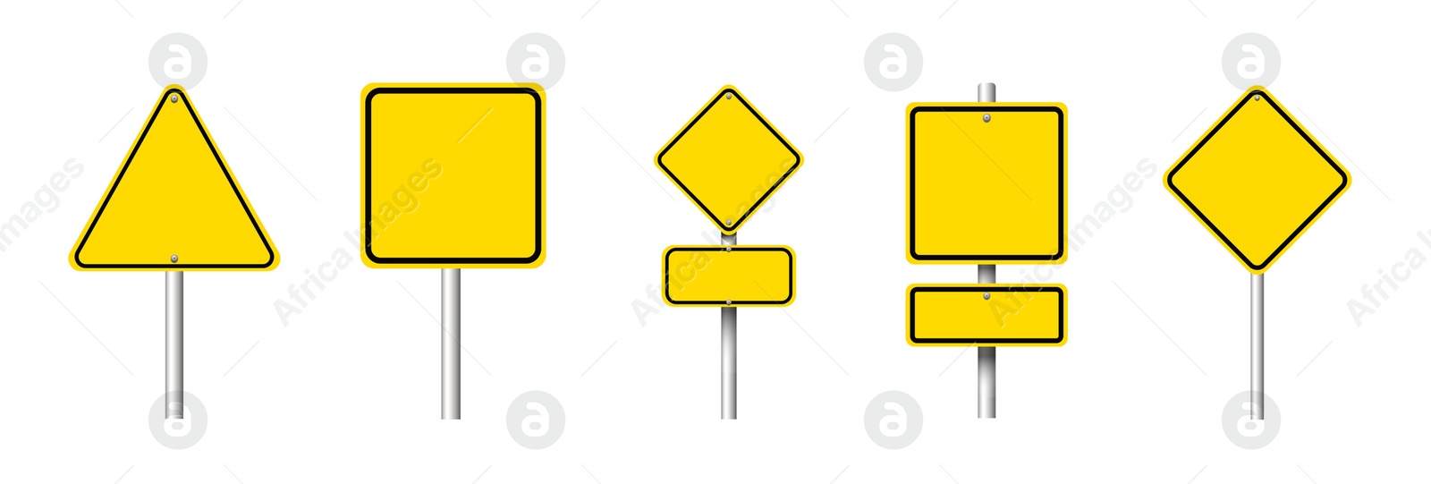 Image of Different yellow blank road signs on white background, collage design