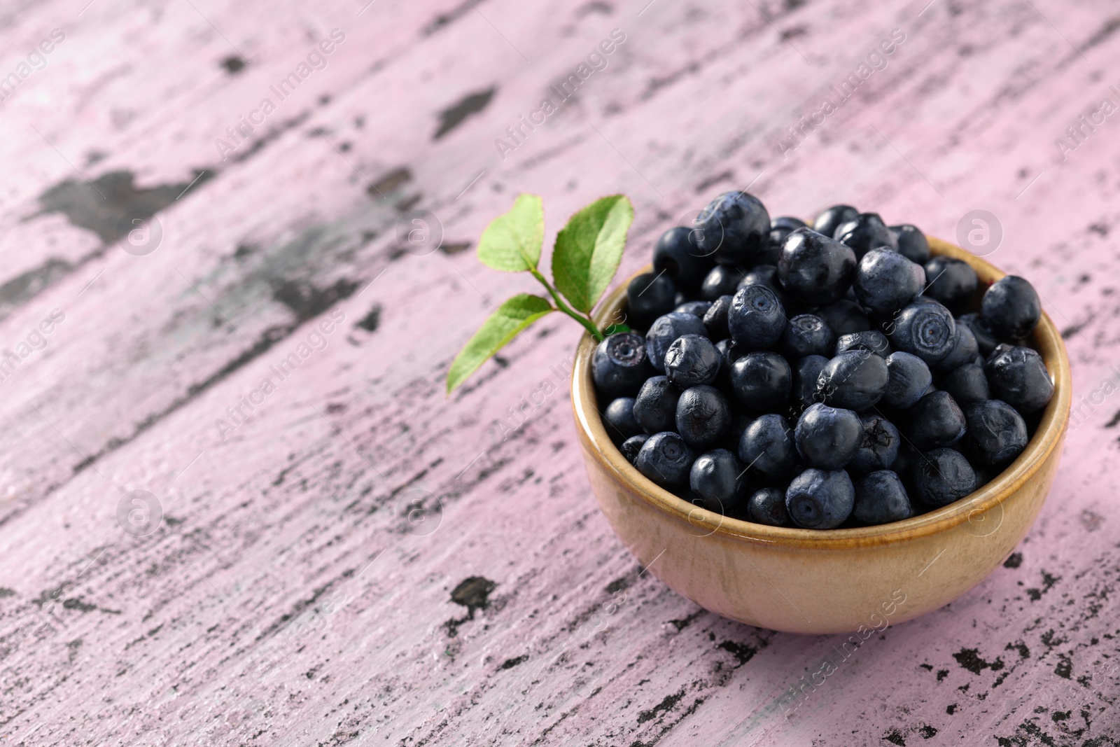 Photo of Tasty fresh bilberries with green leaves in bowl on old pink wooden table. Space for text