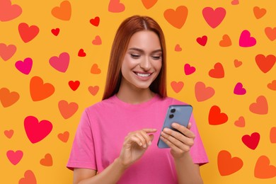 Long distance love. Woman chatting with sweetheart via smartphone on golden background. Hearts around her