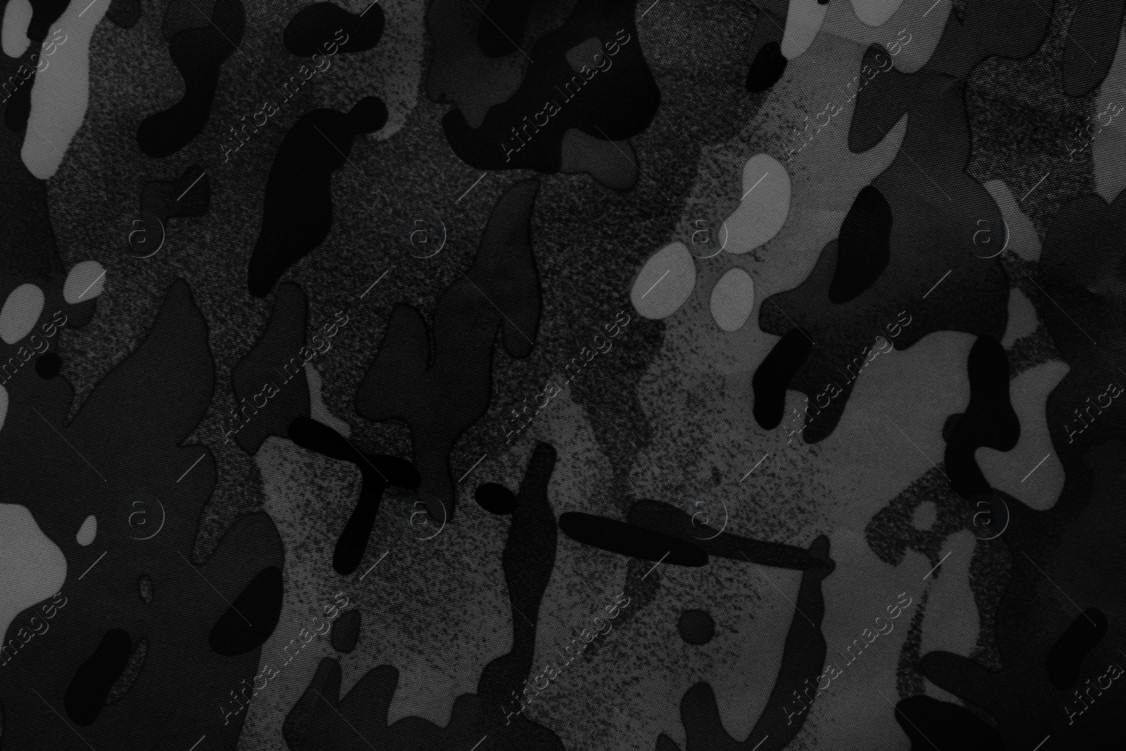 Image of Texture of camouflage fabric as background, top view. Black and white effect