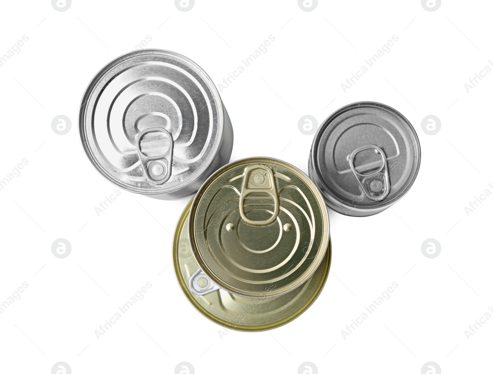 Photo of Many closed tin cans isolated on white, top view