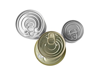 Many closed tin cans isolated on white, top view