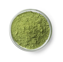 Photo of Green matcha powder in bowl isolated on white, top view