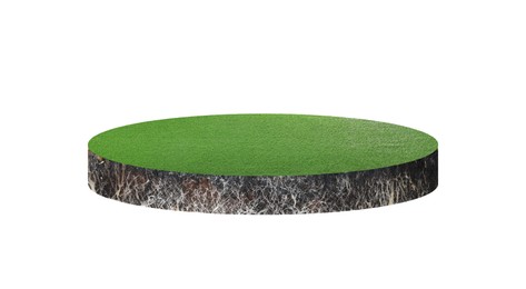 Image of Green grass with soil. Land piece in shape of circle isolated on white