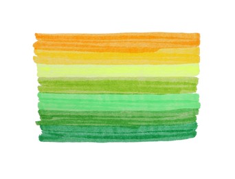 Photo of Colorful stripes drawn with markers isolated on white, top view