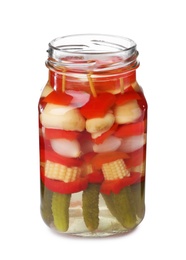 Photo of Jar with pickled vegetables on white background