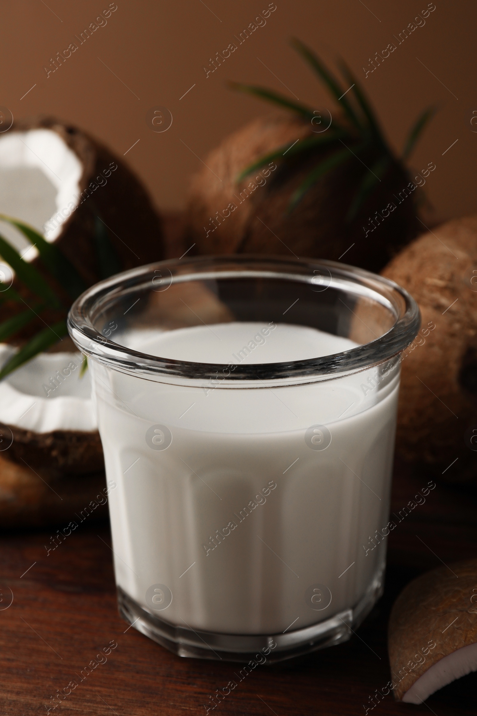 Photo of Glass of delicious vegan milk, coconut pieces and palm leaves on wooden table