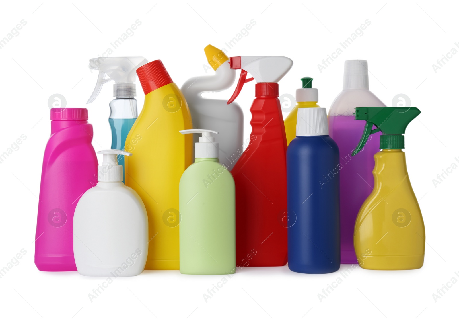 Photo of Set of different cleaning supplies on white background