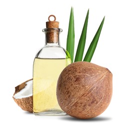 Image of Bottle of coconut cooking oil and fruit on white background