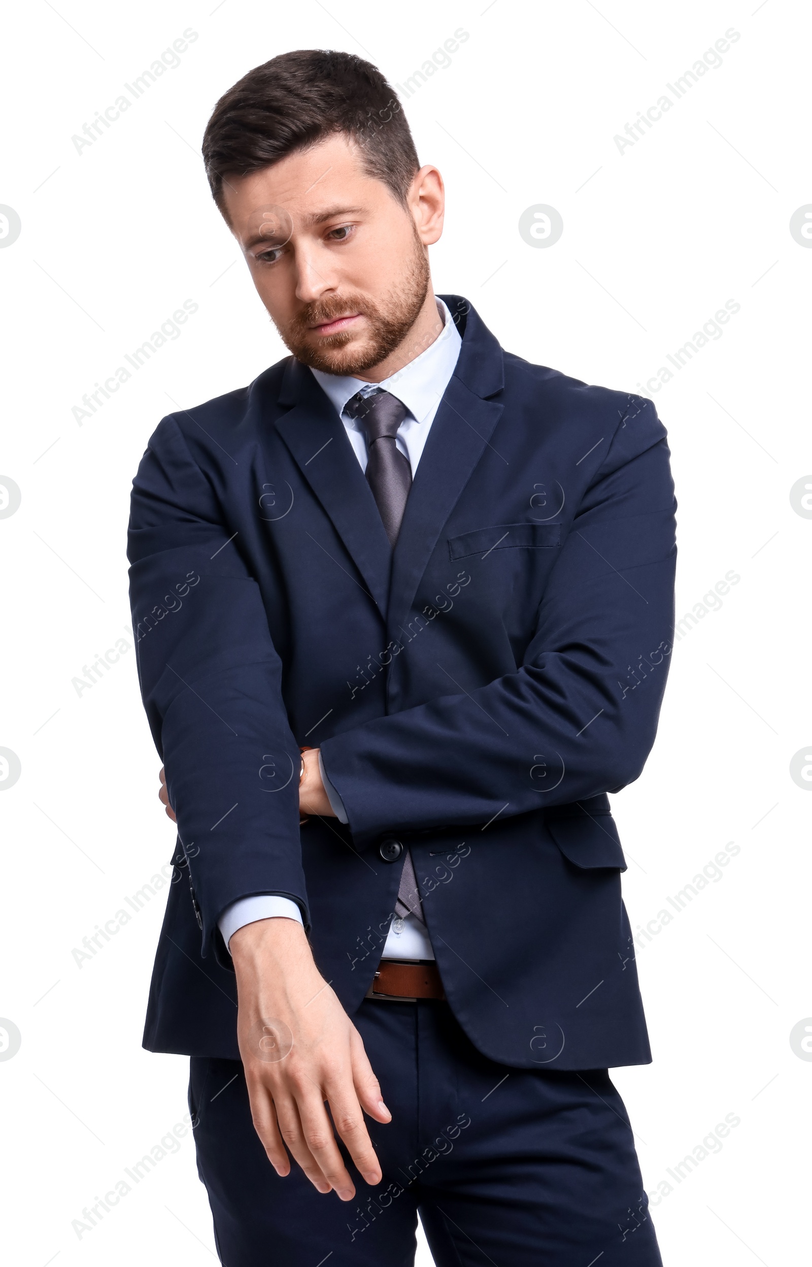 Photo of Handsome bearded businessman in suit on white background