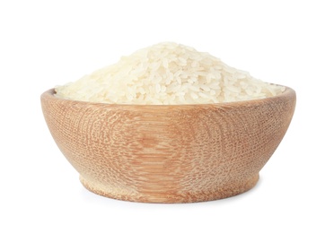 Photo of Bowl with uncooked parboiled rice on white background