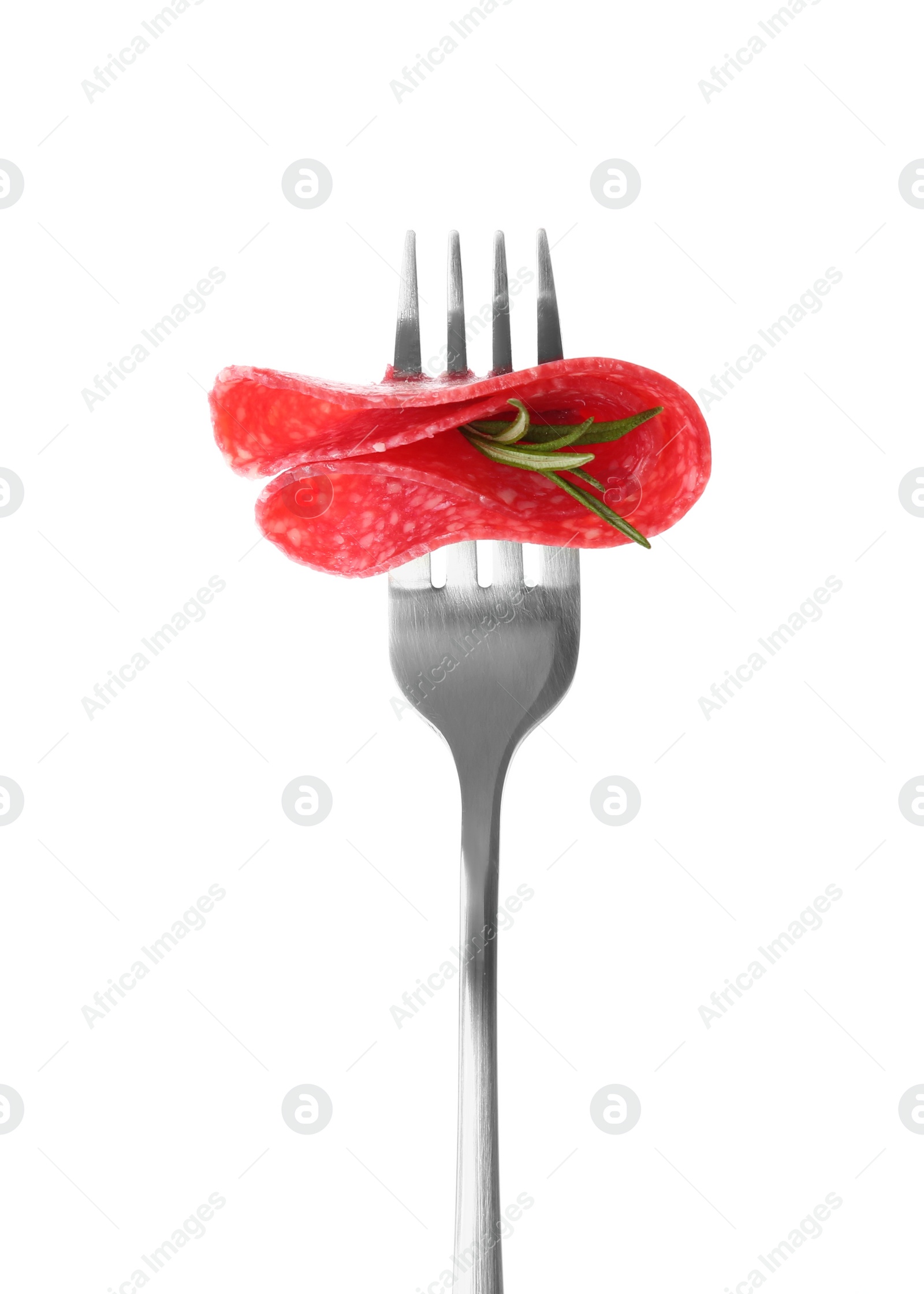 Photo of Fork with tasty slice of salami and rosemary isolated on white