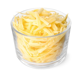 Photo of Glass bowl with grated cheese isolated on white