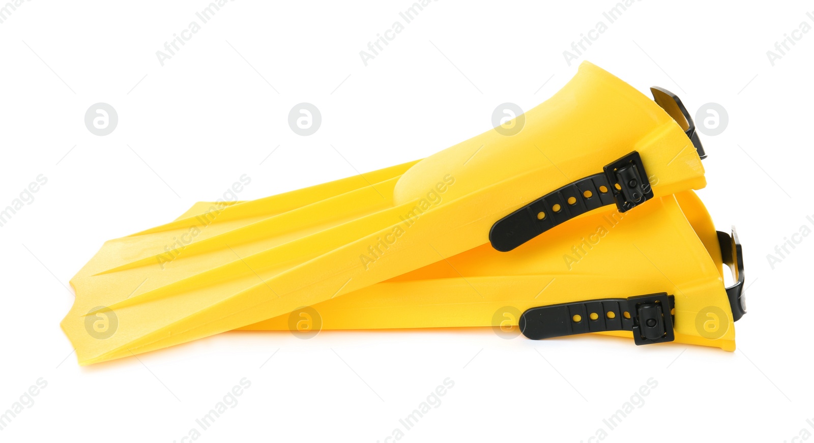 Photo of Pair of yellow flippers on white background