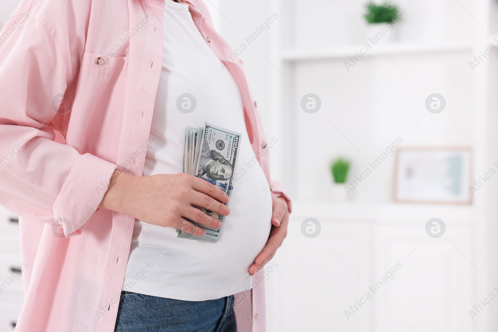 Photo of Surrogate mother. Pregnant woman with dollar banknotes indoors, closeup. Space for text