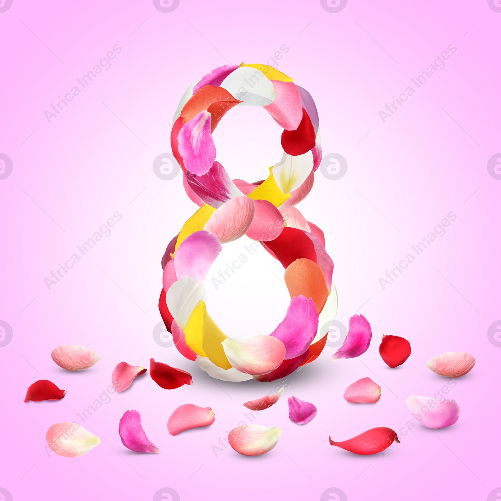 Image of International Women's Day - March 8. Card design with number 8 of bright flower petals on pink background