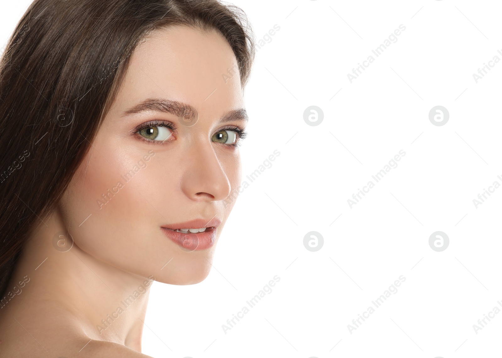 Photo of Portrait of young woman with beautiful face on white background