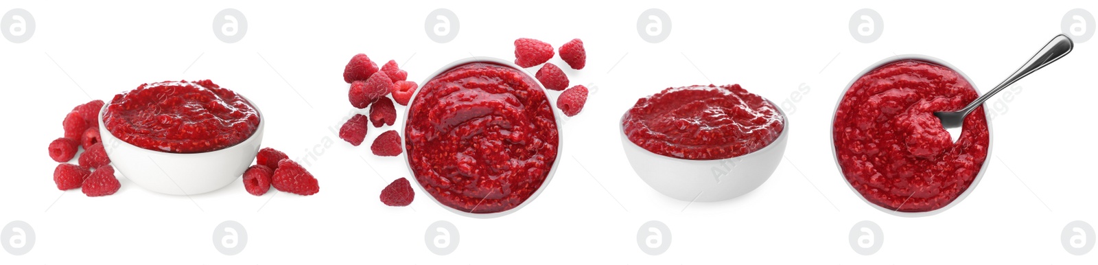 Image of Set with tasty raspberry puree on white background. Banner design