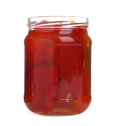 Photo of Glass jar with pickled bell peppers isolated on white