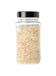 Photo of Jar with uncooked brown rice on white background