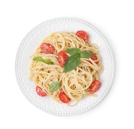 Tasty pasta with tomato, cheese and basil isolated on white, top view