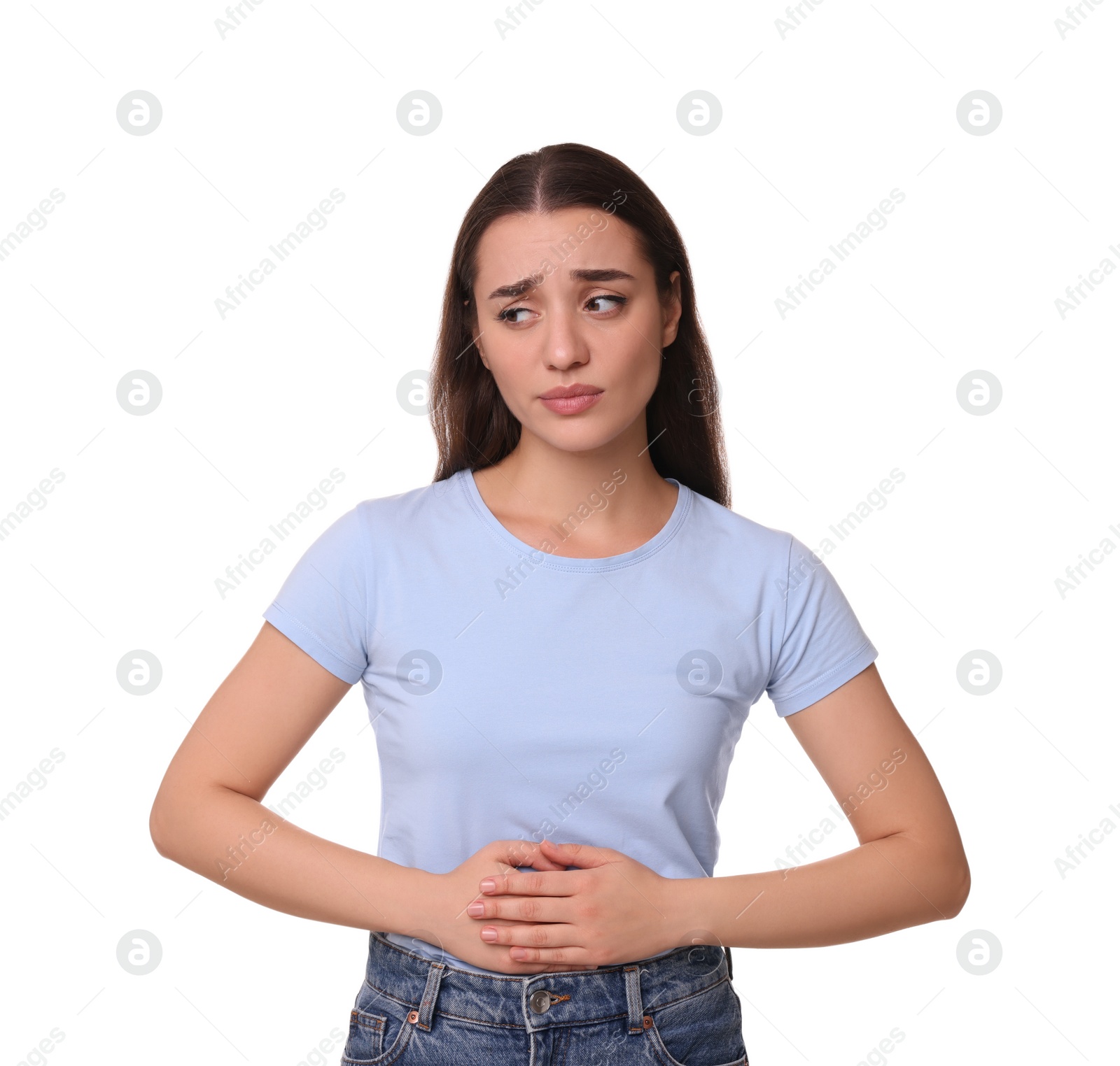 Photo of Woman suffering from abdominal pain on white background. Unhealthy stomach