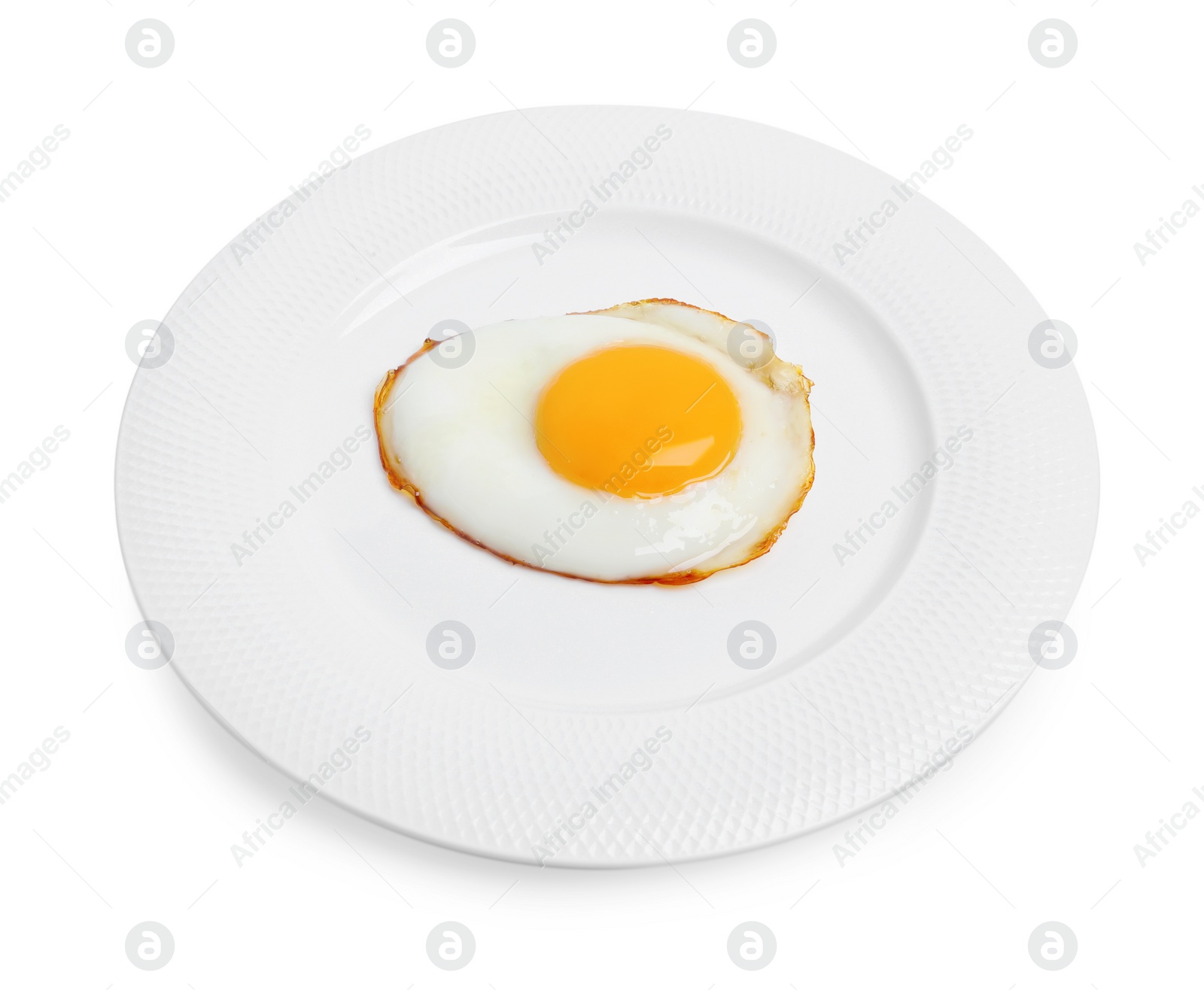 Photo of Plate with delicious fried egg isolated on white