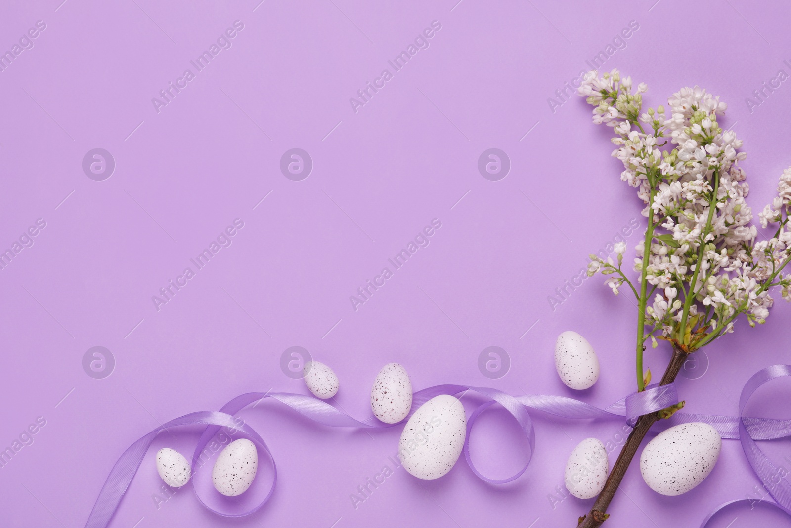 Photo of Many painted Easter eggs, branch with lilac flowers and ribbon on violet background, flat lay. Space for text