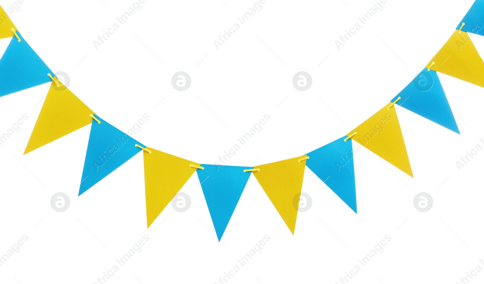 Photo of Triangular bunting flags on white background. Festive decor