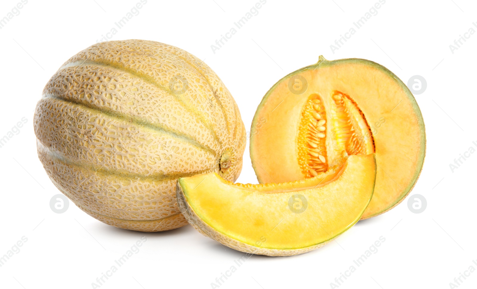 Photo of Tasty fresh cut and whole melons isolated on white