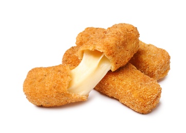 Photo of Pile of tasty cheese sticks isolated on white