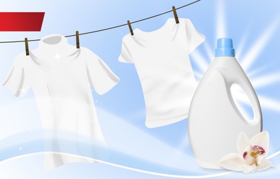 Fabric softener advertising design. Bottle of conditioner, flower and illustration of laundry on light blue background