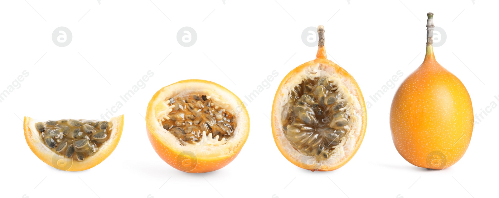 Image of Set with delicious granadillas on white background. Banner design