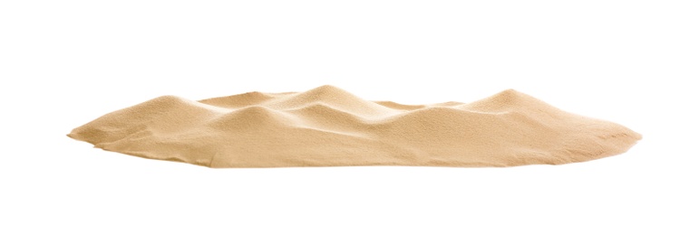 Photo of Pile of dry beach sand on white background