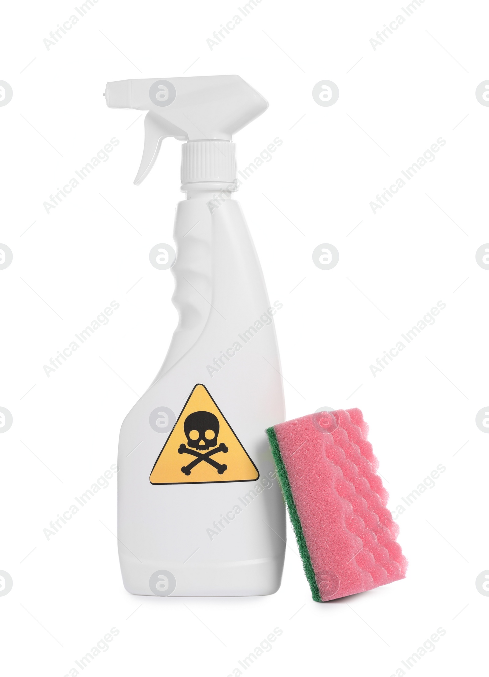 Photo of Bottle of toxic household chemical with warning sign and scouring sponge on white background