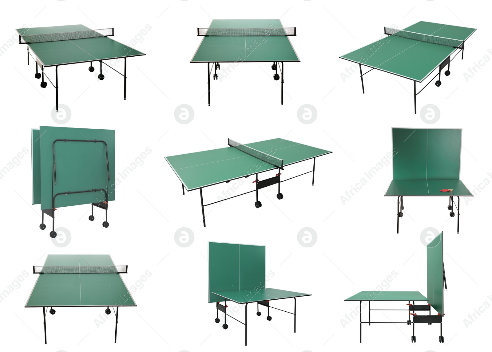 Image of Green ping pong tables on white background, collage