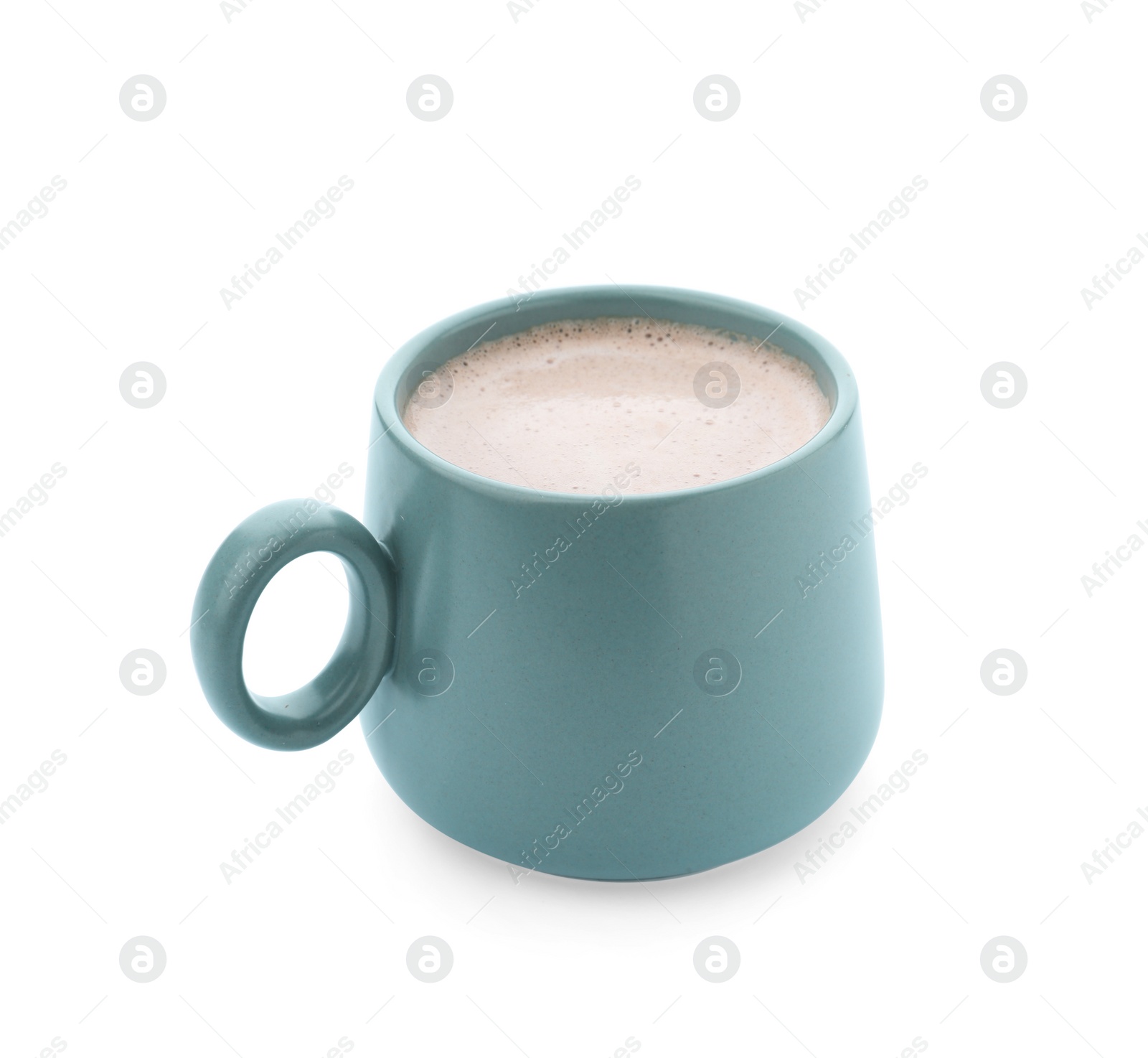 Photo of Delicious cocoa drink in blue cup on white background