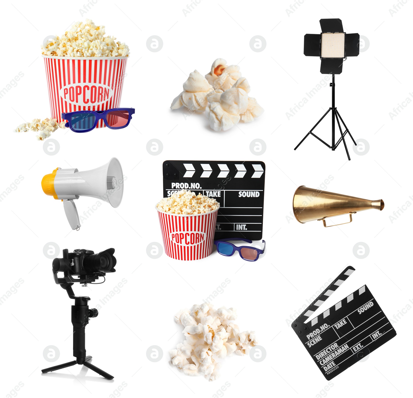 Image of Set with different cinema equipment and popcorn on white background