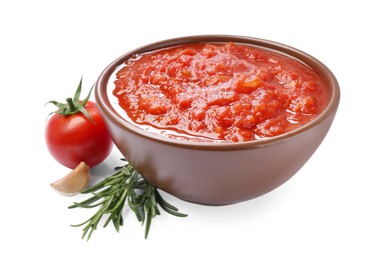 Photo of Homemade tomato sauce in bowl and fresh ingredients isolated on white