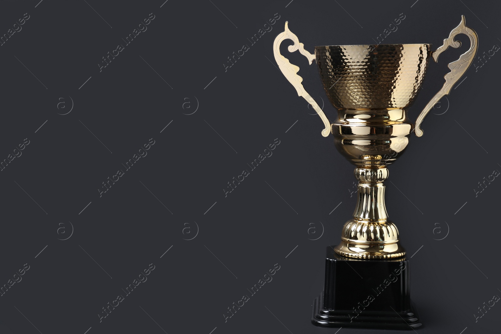 Photo of Golden trophy cup on grey background. Space for text